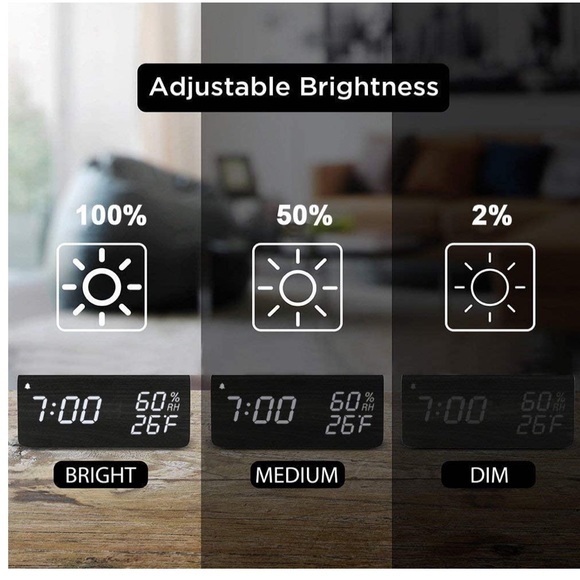 Digital alarm clock black wood green light new - Picture 2 of 7